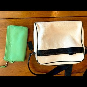 Coach White Shoulder bag with black Trim, w/ bright Lime Green twin zip wallet.